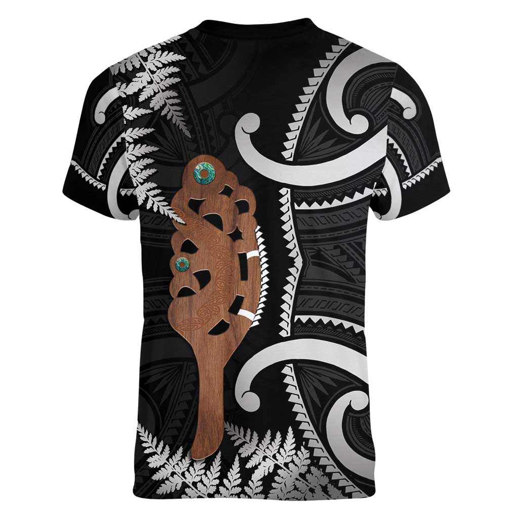 New Zealand Maripi Women V-Neck T-Shirt Silver Fern Mix Aotearoa Maori Pattern