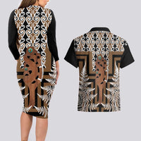 New Zealand Couples Matching Long Sleeve Bodycon Dress and Hawaiian Shirt Maori Maripi Knife With Poutama Art LT14 - Polynesian Pride