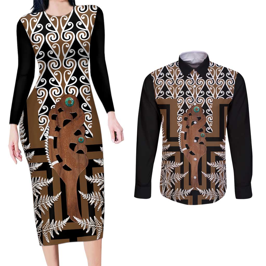 New Zealand Couples Matching Long Sleeve Bodycon Dress and Long Sleeve Button Shirt Maori Maripi Knife With Poutama Art LT14 Brown - Polynesian Pride