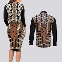 New Zealand Couples Matching Long Sleeve Bodycon Dress and Long Sleeve Button Shirt Maori Maripi Knife With Poutama Art LT14 - Polynesian Pride