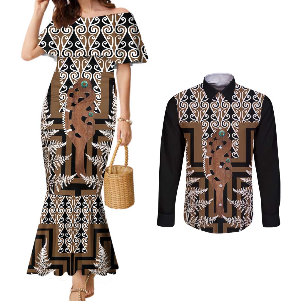 New Zealand Couples Matching Mermaid Dress and Long Sleeve Button Shirt Maori Maripi Knife With Poutama Art LT14 Brown - Polynesian Pride