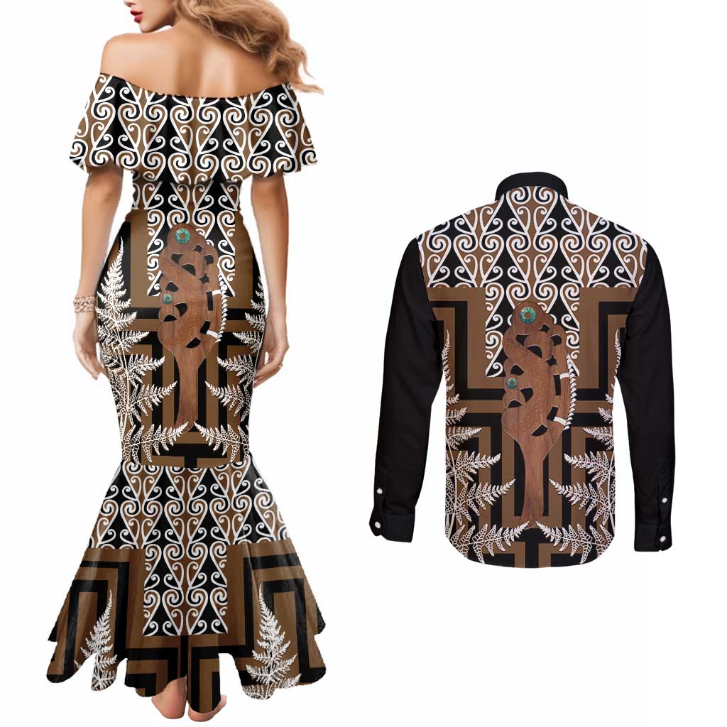 New Zealand Couples Matching Mermaid Dress and Long Sleeve Button Shirt Maori Maripi Knife With Poutama Art LT14 - Polynesian Pride