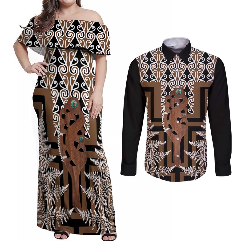 New Zealand Couples Matching Off Shoulder Maxi Dress and Long Sleeve Button Shirt Maori Maripi Knife With Poutama Art LT14 Brown - Polynesian Pride