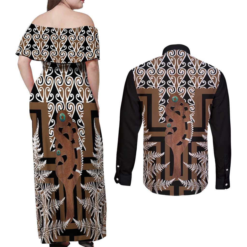 New Zealand Couples Matching Off Shoulder Maxi Dress and Long Sleeve Button Shirt Maori Maripi Knife With Poutama Art LT14 - Polynesian Pride
