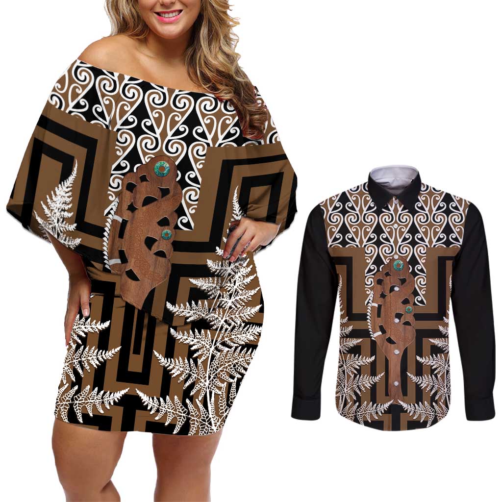 New Zealand Couples Matching Off Shoulder Short Dress and Long Sleeve Button Shirt Maori Maripi Knife With Poutama Art LT14 Brown - Polynesian Pride