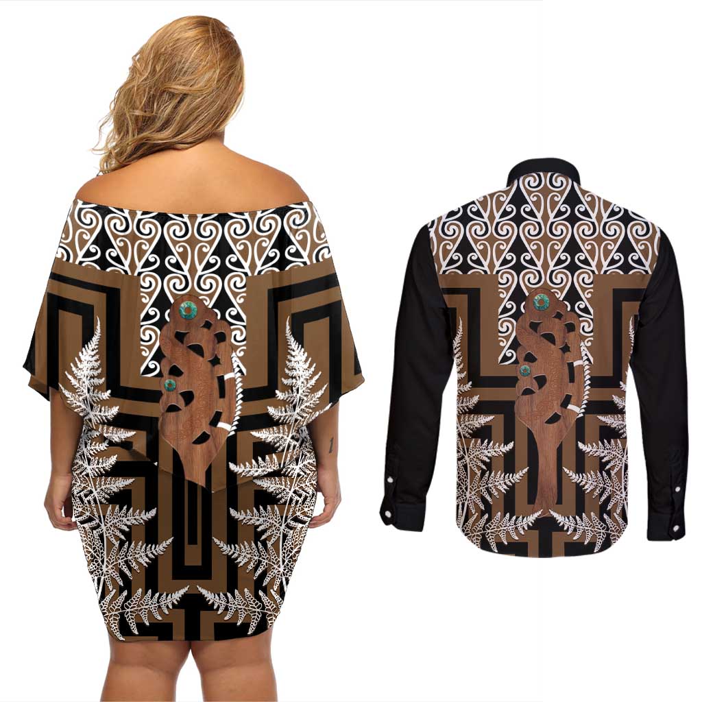 New Zealand Couples Matching Off Shoulder Short Dress and Long Sleeve Button Shirt Maori Maripi Knife With Poutama Art LT14 - Polynesian Pride