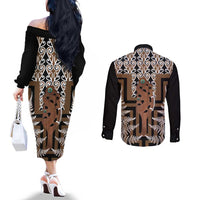 New Zealand Couples Matching Off The Shoulder Long Sleeve Dress and Long Sleeve Button Shirt Maori Maripi Knife With Poutama Art LT14 - Polynesian Pride