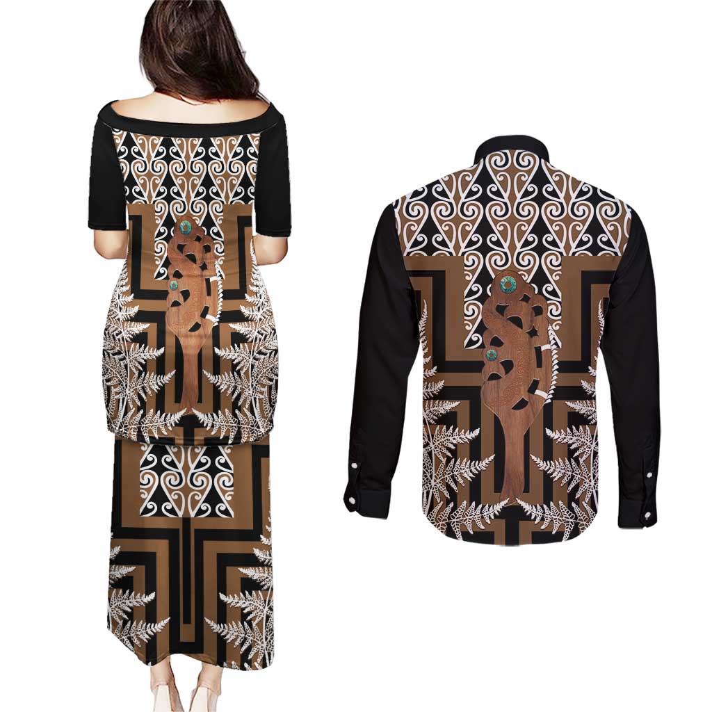 New Zealand Couples Matching Puletasi and Long Sleeve Button Shirt Maori Maripi Knife With Poutama Art