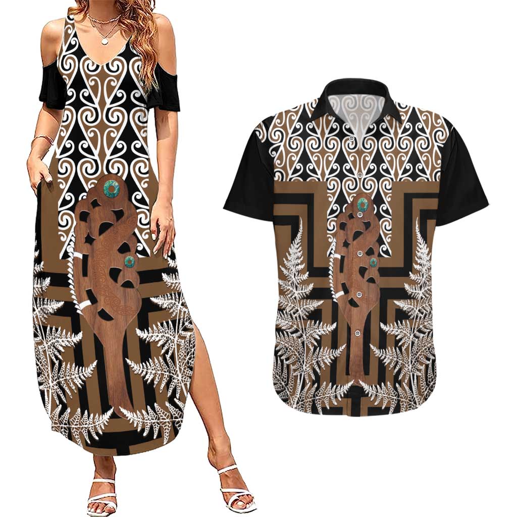 New Zealand Couples Matching Summer Maxi Dress and Hawaiian Shirt Maori Maripi Knife With Poutama Art LT14 Brown - Polynesian Pride
