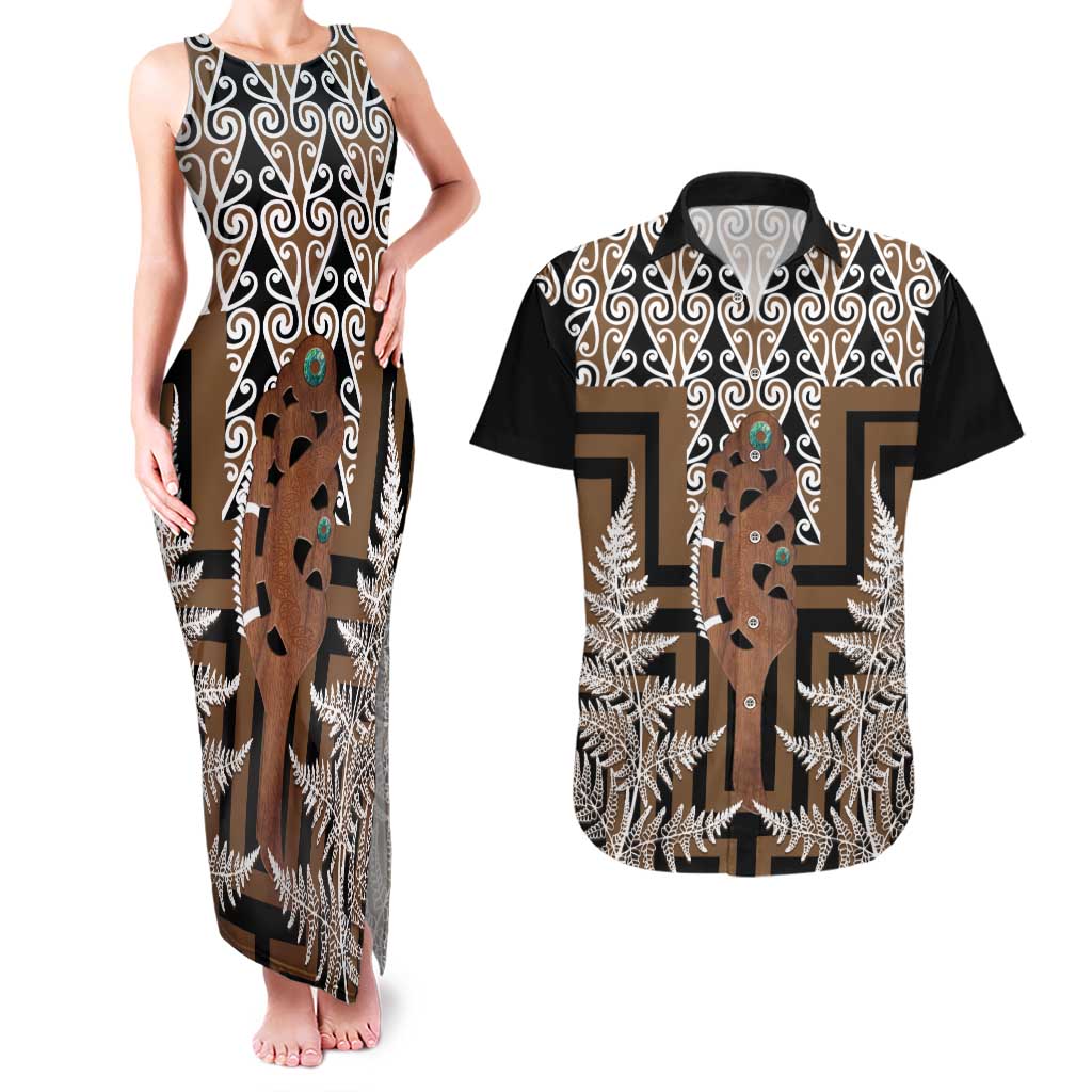 New Zealand Couples Matching Tank Maxi Dress and Hawaiian Shirt Maori Maripi Knife With Poutama Art