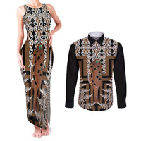 New Zealand Couples Matching Tank Maxi Dress and Long Sleeve Button Shirt Maori Maripi Knife With Poutama Art LT14 Brown - Polynesian Pride