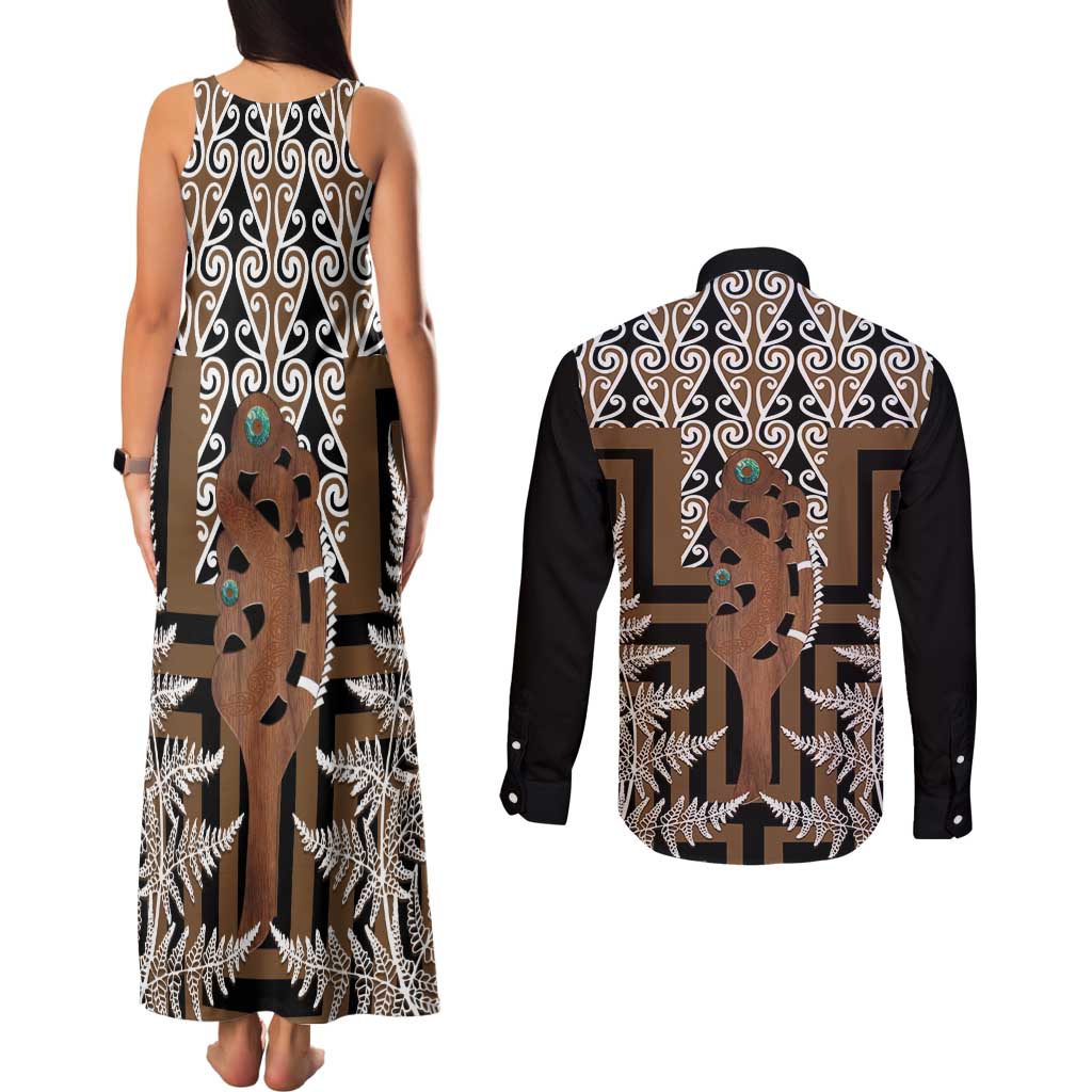 New Zealand Couples Matching Tank Maxi Dress and Long Sleeve Button Shirt Maori Maripi Knife With Poutama Art LT14 - Polynesian Pride