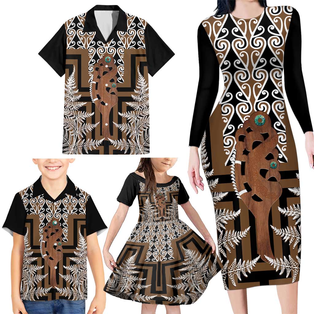 New Zealand Family Matching Long Sleeve Bodycon Dress and Hawaiian Shirt Maori Maripi Knife With Poutama Art LT14 - Polynesian Pride
