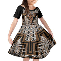 New Zealand Family Matching Off The Shoulder Long Sleeve Dress and Hawaiian Shirt Maori Maripi Knife With Poutama Art LT14 Daughter's Dress Brown - Polynesian Pride