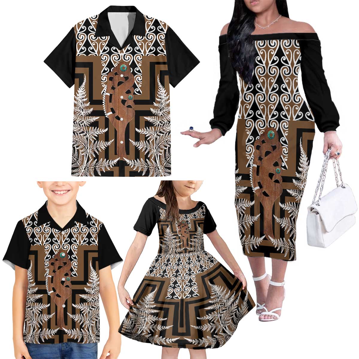 New Zealand Family Matching Off The Shoulder Long Sleeve Dress and Hawaiian Shirt Maori Maripi Knife With Poutama Art LT14 - Polynesian Pride