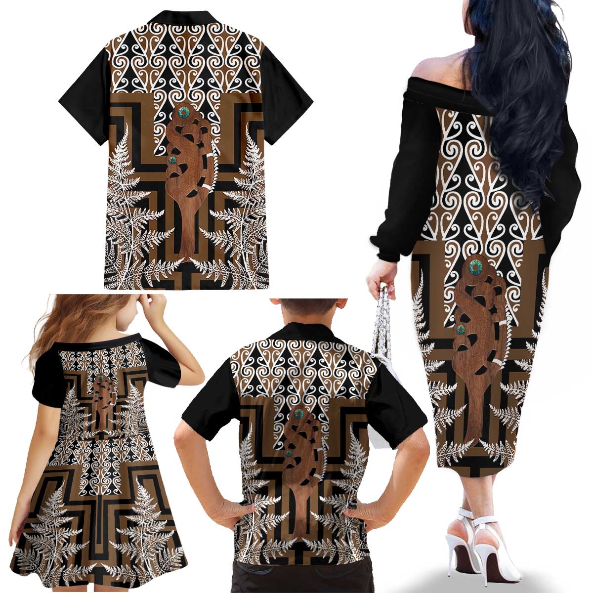 New Zealand Family Matching Off The Shoulder Long Sleeve Dress and Hawaiian Shirt Maori Maripi Knife With Poutama Art LT14 - Polynesian Pride