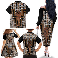 New Zealand Family Matching Off The Shoulder Long Sleeve Dress and Hawaiian Shirt Maori Maripi Knife With Poutama Art LT14 - Polynesian Pride