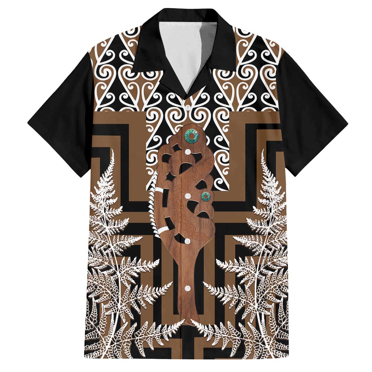 New Zealand Family Matching Off The Shoulder Long Sleeve Dress and Hawaiian Shirt Maori Maripi Knife With Poutama Art LT14 Dad's Shirt - Short Sleeve Brown - Polynesian Pride