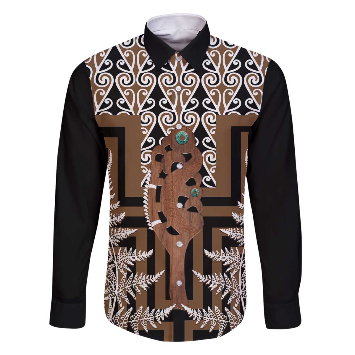 New Zealand Family Matching Off The Shoulder Long Sleeve Dress and Hawaiian Shirt Maori Maripi Knife With Poutama Art LT14 Dad's Shirt - Long Sleeve Brown - Polynesian Pride