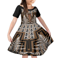 New Zealand Family Matching Off Shoulder Maxi Dress and Hawaiian Shirt Maori Maripi Knife With Poutama Art LT14 Daughter's Dress Brown - Polynesian Pride