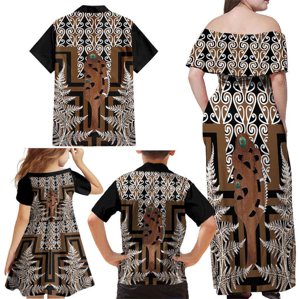 New Zealand Family Matching Off Shoulder Maxi Dress and Hawaiian Shirt Maori Maripi Knife With Poutama Art LT14 - Polynesian Pride