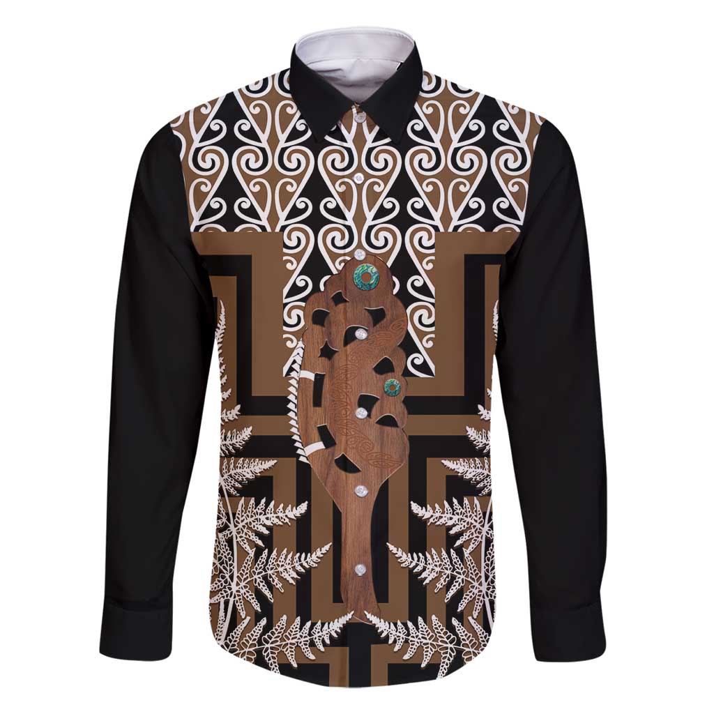 New Zealand Family Matching Off Shoulder Short Dress and Hawaiian Shirt Maori Maripi Knife With Poutama Art LT14 Dad's Shirt - Long Sleeve Brown - Polynesian Pride