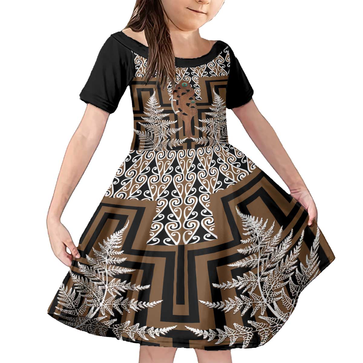 New Zealand Family Matching Puletasi and Hawaiian Shirt Maori Maripi Knife With Poutama Art LT14 Daughter's Dress Brown - Polynesian Pride
