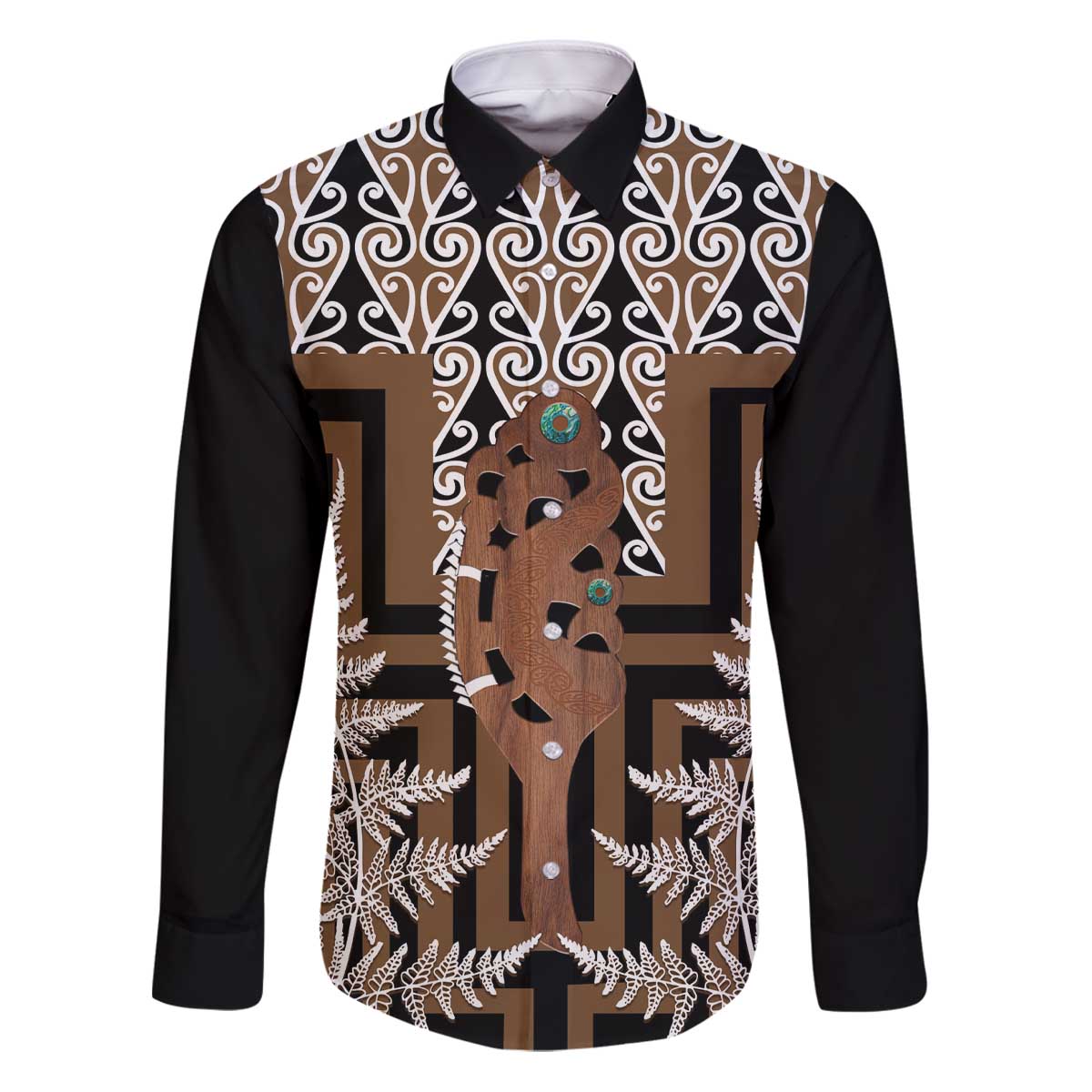 New Zealand Family Matching Puletasi and Hawaiian Shirt Maori Maripi Knife With Poutama Art LT14 Dad's Shirt - Long Sleeve Brown - Polynesian Pride