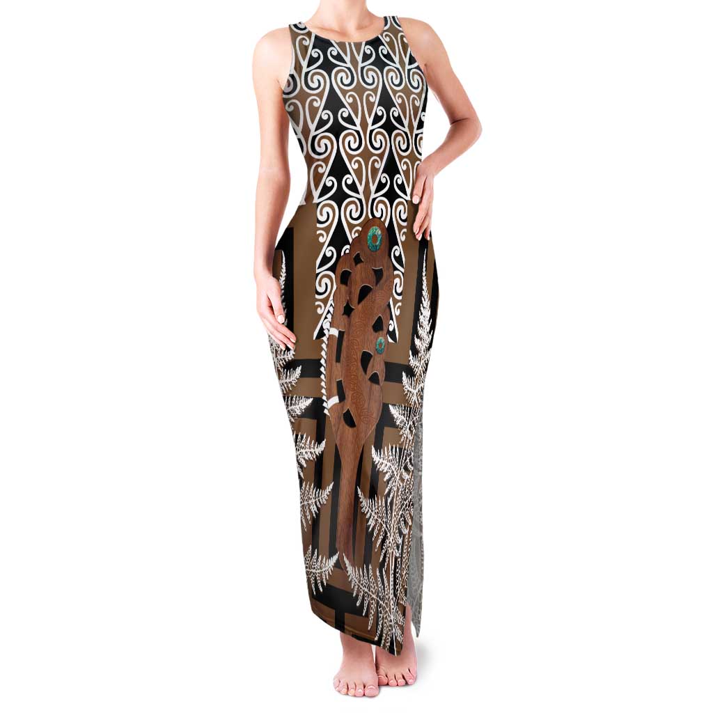 New Zealand Family Matching Tank Maxi Dress and Hawaiian Shirt Maori Maripi Knife With Poutama Art LT14 Mom's Dress Brown - Polynesian Pride
