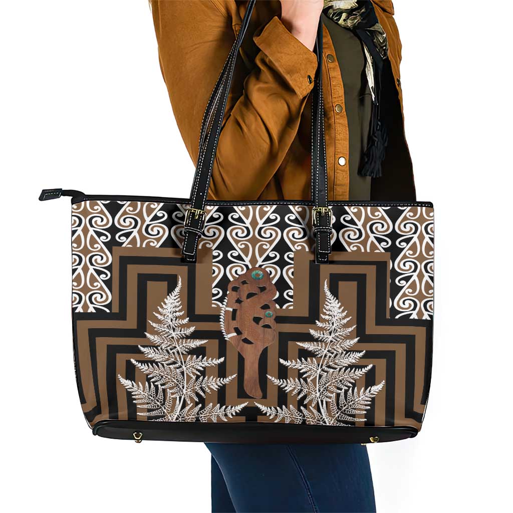 New Zealand Leather Tote Bag Maori Maripi Knife With Poutama Art