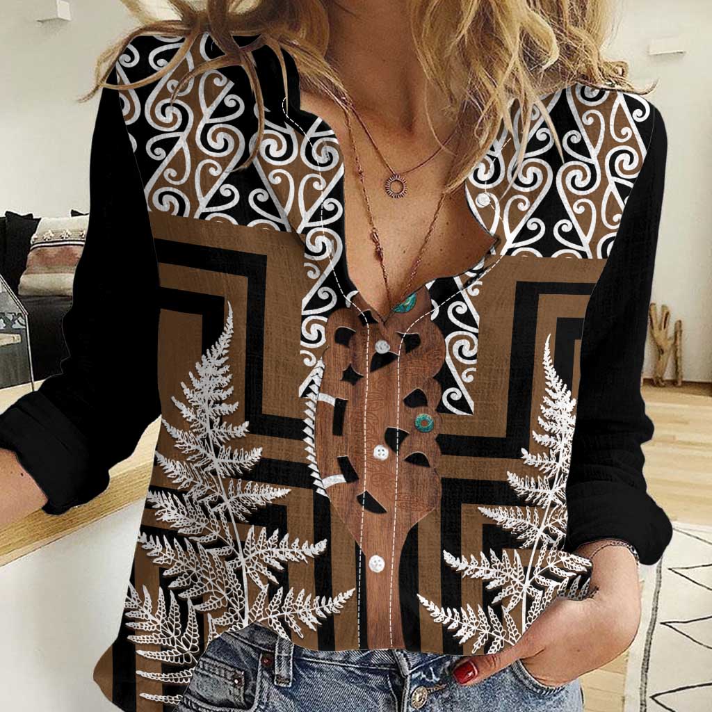 New Zealand Women Casual Shirt - Maori Maripi Knife With Poutama Art LT14 Female Brown - Polynesian Pride