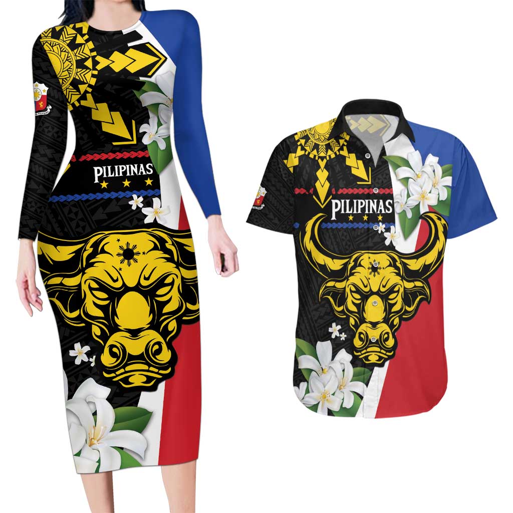 Personalised Philippines Carabao Couples Matching Long Sleeve Bodycon Dress and Hawaiian Shirt Filipino Sun Mix Sampaguita Flower LT14 Black - Polynesian Pride