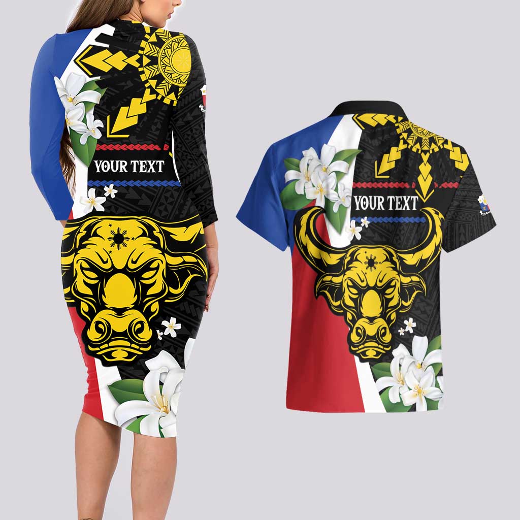 Personalised Philippines Carabao Couples Matching Long Sleeve Bodycon Dress and Hawaiian Shirt Filipino Sun Mix Sampaguita Flower LT14 - Polynesian Pride