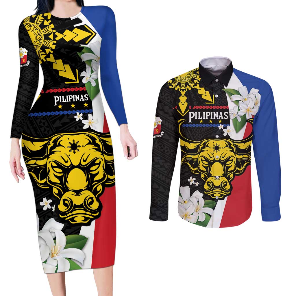 Personalised Philippines Carabao Couples Matching Long Sleeve Bodycon Dress and Long Sleeve Button Shirt Filipino Sun Mix Sampaguita Flower LT14 Black - Polynesian Pride