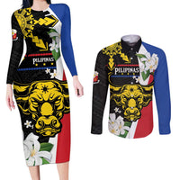 Personalised Philippines Carabao Couples Matching Long Sleeve Bodycon Dress and Long Sleeve Button Shirt Filipino Sun Mix Sampaguita Flower LT14 Black - Polynesian Pride