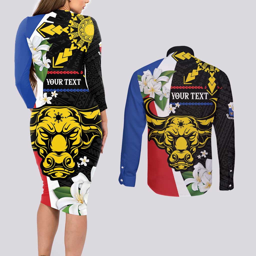 Personalised Philippines Carabao Couples Matching Long Sleeve Bodycon Dress and Long Sleeve Button Shirt Filipino Sun Mix Sampaguita Flower LT14 - Polynesian Pride