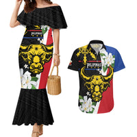 Personalised Philippines Carabao Couples Matching Mermaid Dress and Hawaiian Shirt Filipino Sun Mix Sampaguita Flower LT14 Black - Polynesian Pride