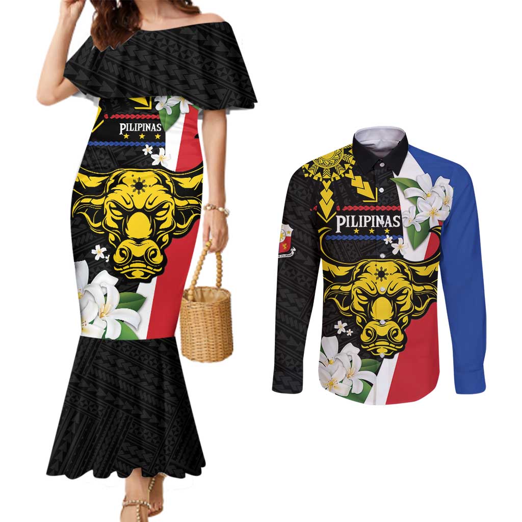 Personalised Philippines Carabao Couples Matching Mermaid Dress and Long Sleeve Button Shirt Filipino Sun Mix Sampaguita Flower
