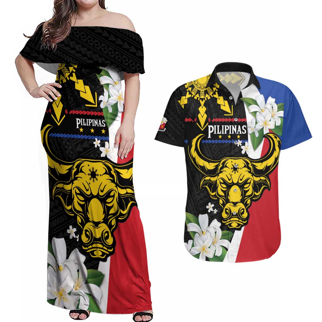 Personalised Philippines Carabao Couples Matching Off Shoulder Maxi Dress and Hawaiian Shirt Filipino Sun Mix Sampaguita Flower LT14 Black - Polynesian Pride