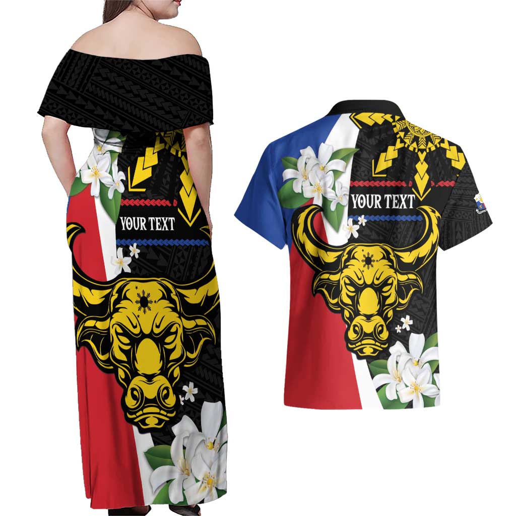 Personalised Philippines Carabao Couples Matching Off Shoulder Maxi Dress and Hawaiian Shirt Filipino Sun Mix Sampaguita Flower LT14 - Polynesian Pride