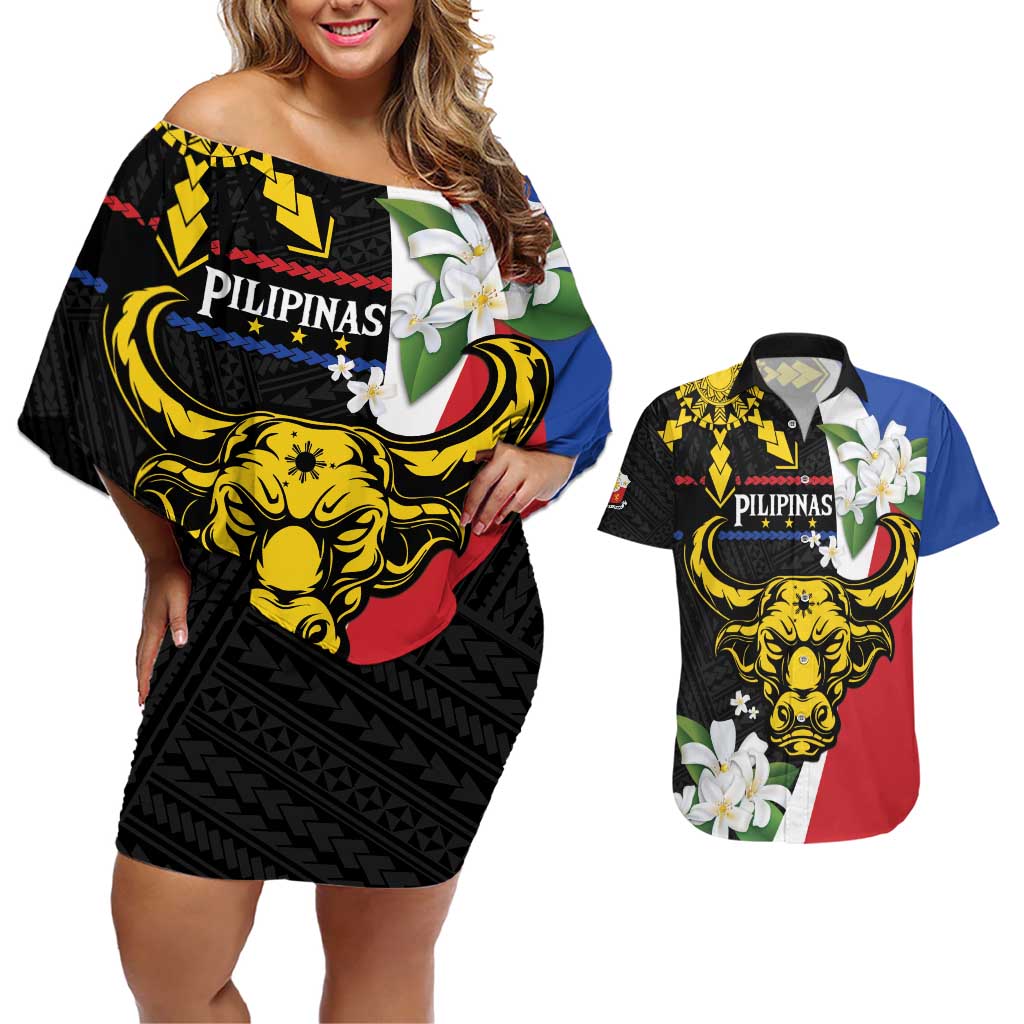 Personalised Philippines Carabao Couples Matching Off Shoulder Short Dress and Hawaiian Shirt Filipino Sun Mix Sampaguita Flower LT14 Black - Polynesian Pride