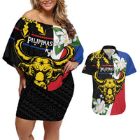 Personalised Philippines Carabao Couples Matching Off Shoulder Short Dress and Hawaiian Shirt Filipino Sun Mix Sampaguita Flower LT14 Black - Polynesian Pride