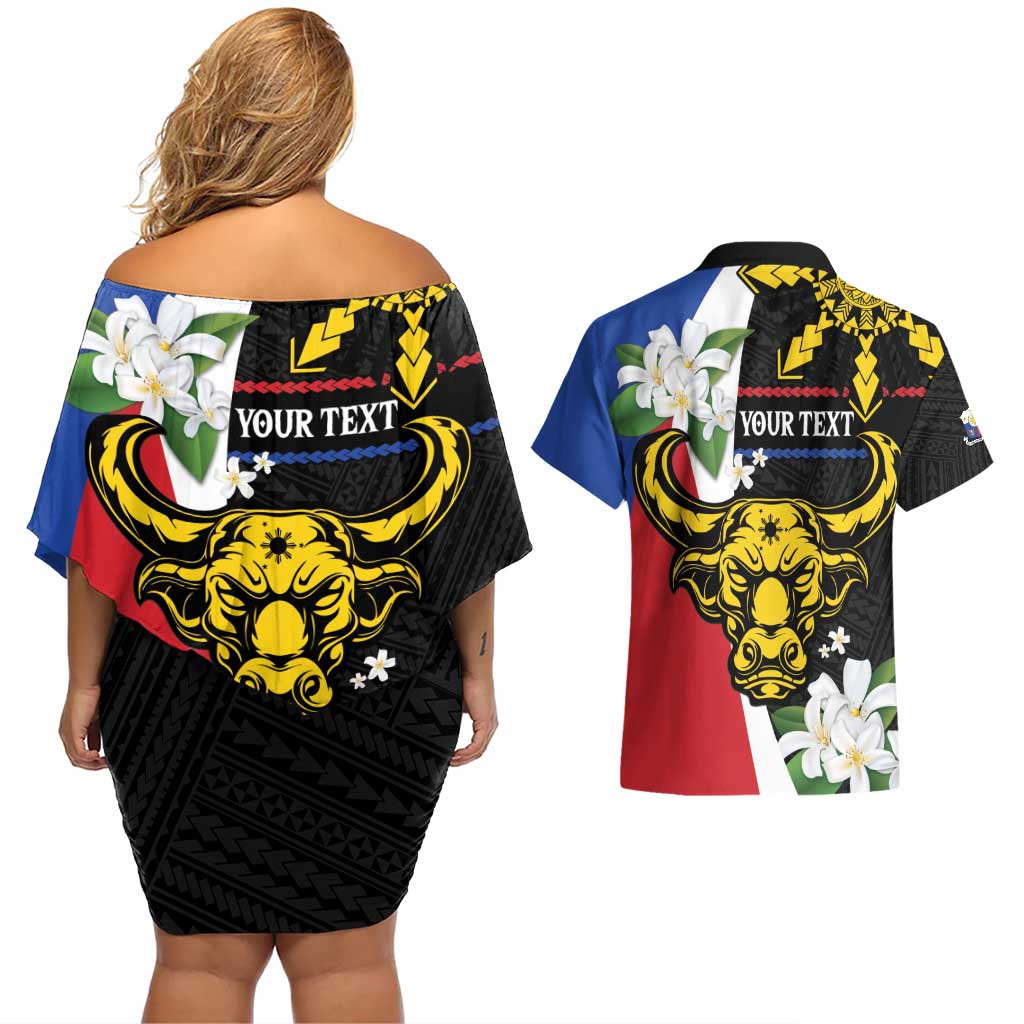 Personalised Philippines Carabao Couples Matching Off Shoulder Short Dress and Hawaiian Shirt Filipino Sun Mix Sampaguita Flower LT14 - Polynesian Pride