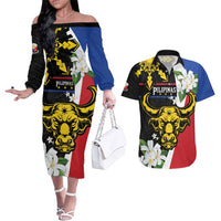 Personalised Philippines Carabao Couples Matching Off The Shoulder Long Sleeve Dress and Hawaiian Shirt Filipino Sun Mix Sampaguita Flower LT14 Black - Polynesian Pride