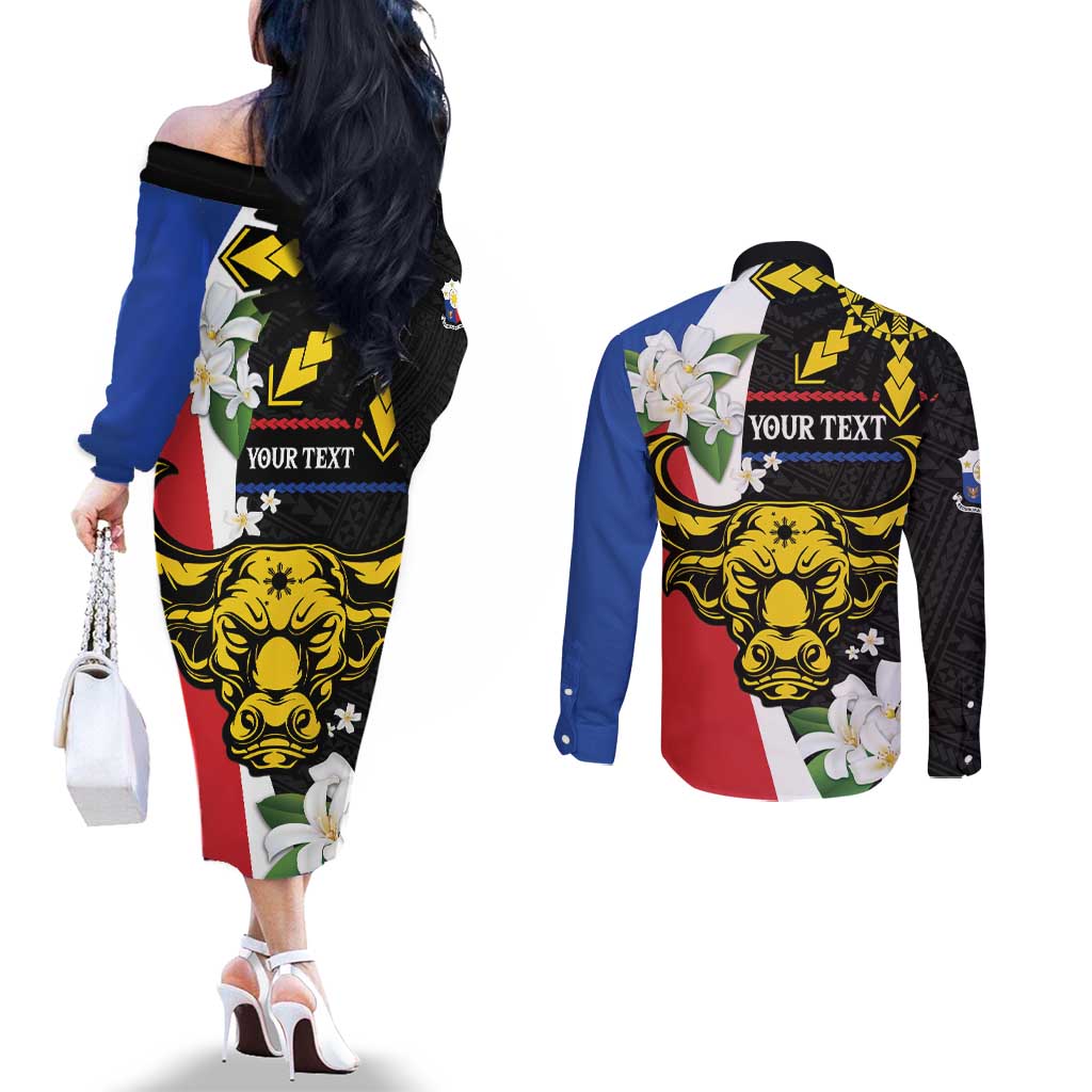 Personalised Philippines Carabao Couples Matching Off The Shoulder Long Sleeve Dress and Long Sleeve Button Shirt Filipino Sun Mix Sampaguita Flower LT14 - Polynesian Pride