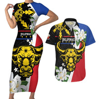 Personalised Philippines Carabao Couples Matching Short Sleeve Bodycon Dress and Hawaiian Shirt Filipino Sun Mix Sampaguita Flower LT14 Black - Polynesian Pride