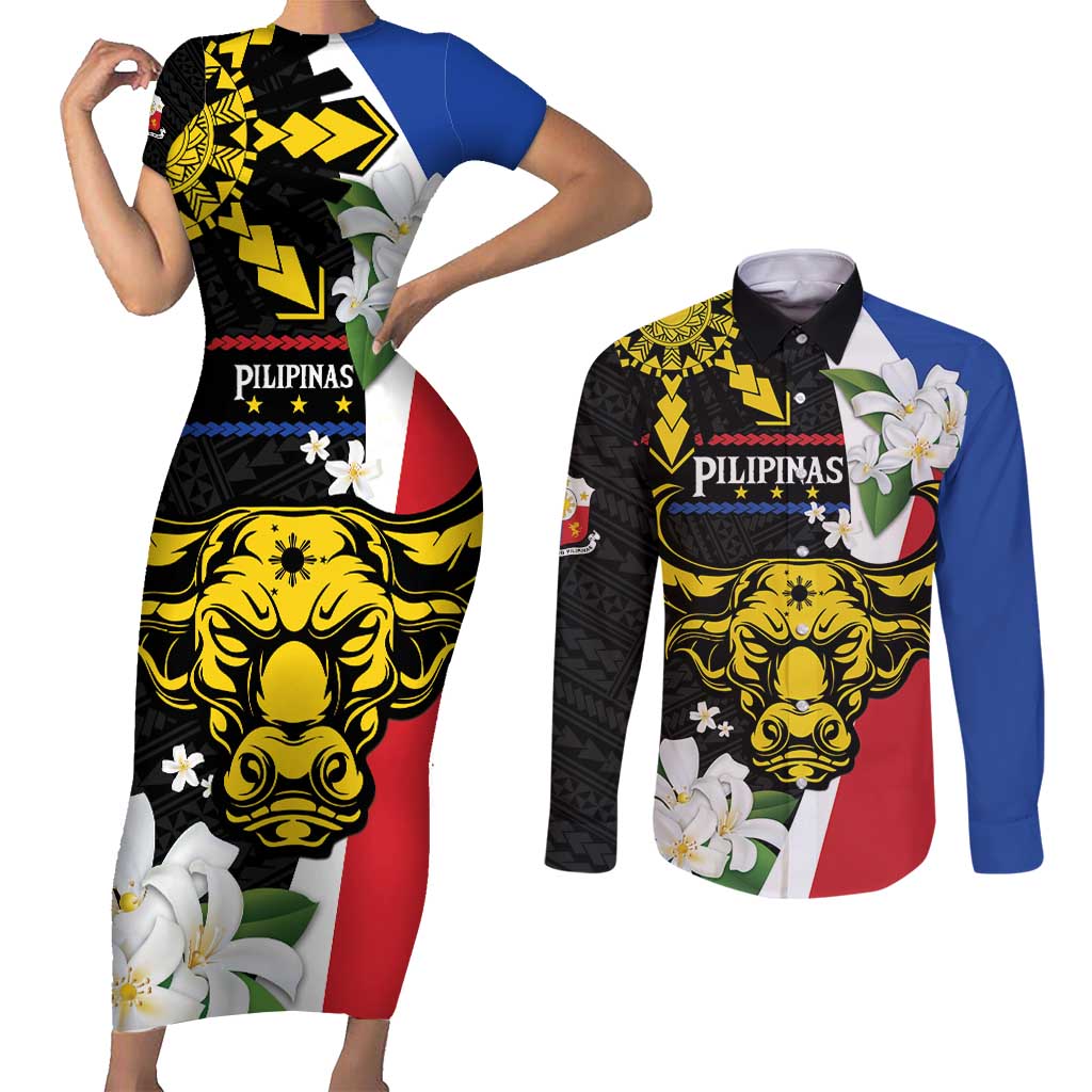 Personalised Philippines Carabao Couples Matching Short Sleeve Bodycon Dress and Long Sleeve Button Shirt Filipino Sun Mix Sampaguita Flower LT14 Black - Polynesian Pride