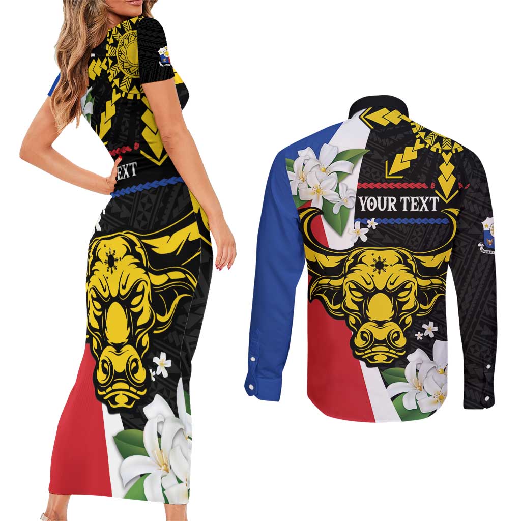 Personalised Philippines Carabao Couples Matching Short Sleeve Bodycon Dress and Long Sleeve Button Shirt Filipino Sun Mix Sampaguita Flower LT14 - Polynesian Pride