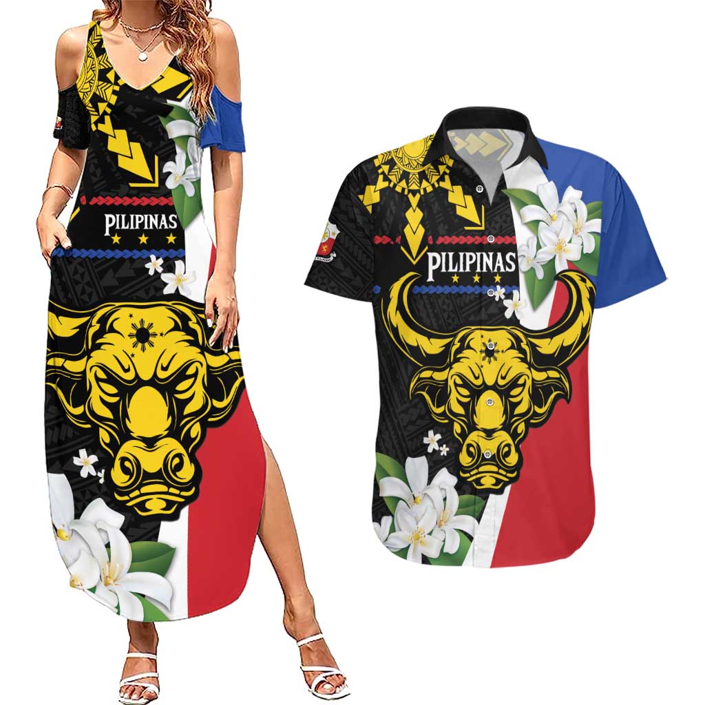 Personalised Philippines Carabao Couples Matching Summer Maxi Dress and Hawaiian Shirt Filipino Sun Mix Sampaguita Flower LT14 Black - Polynesian Pride