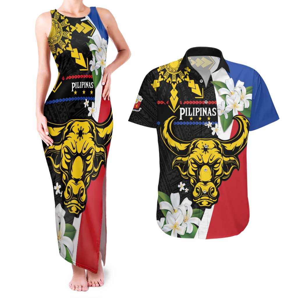 Personalised Philippines Carabao Couples Matching Tank Maxi Dress and Hawaiian Shirt Filipino Sun Mix Sampaguita Flower LT14 Black - Polynesian Pride